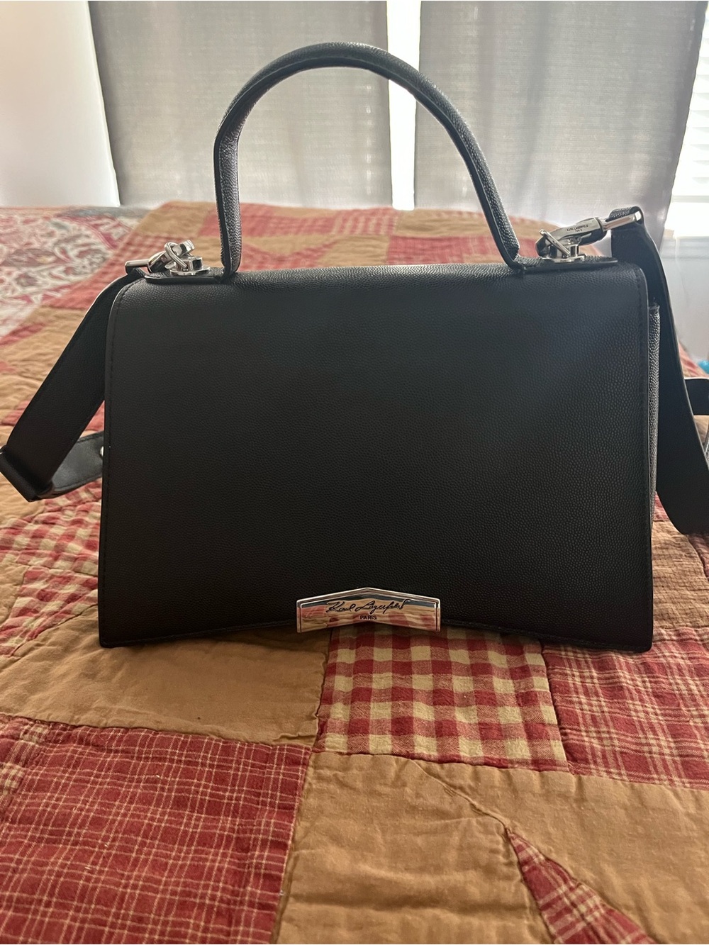 Karl Lagerfeld Black Structured Top Handle Crossbody Bag with Silver Hardware